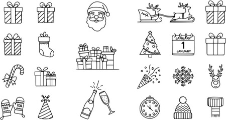 Fototapeta premium Festive New Year and Christmas Icons: Holiday Celebration, Gifts, and Winter Cheer