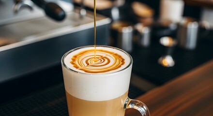 Barista creating latte art by pouring caramel syrup into a coffee.