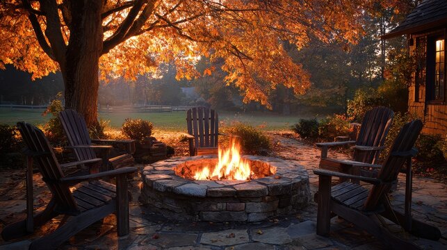 Empty chairs surround a stone fire pit with bright flames burning. Autumn trees with orange leaves offer shade. Evening scene invites outdoor relaxation by warm glow. Generative Ai