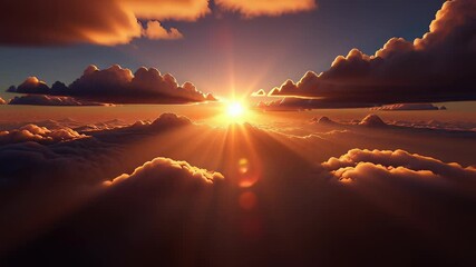 Breathtaking golden sunrise glowing over a sea of fluffy clouds in a cinematic 3D animation, illustrating hope and heaven concepts. - Powered by Adobe