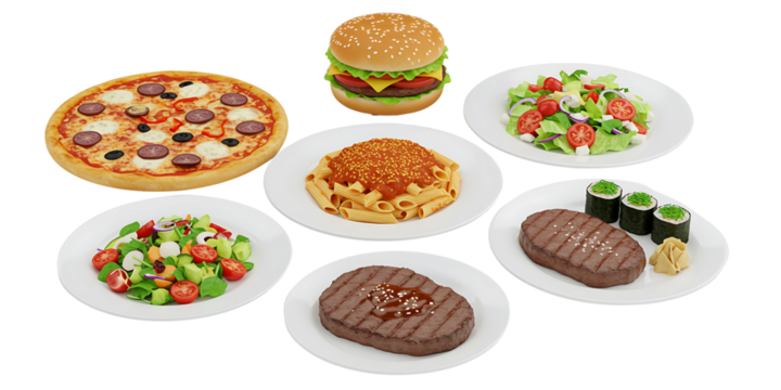 Variety of delicious food items arranged in a circular pattern on a black background