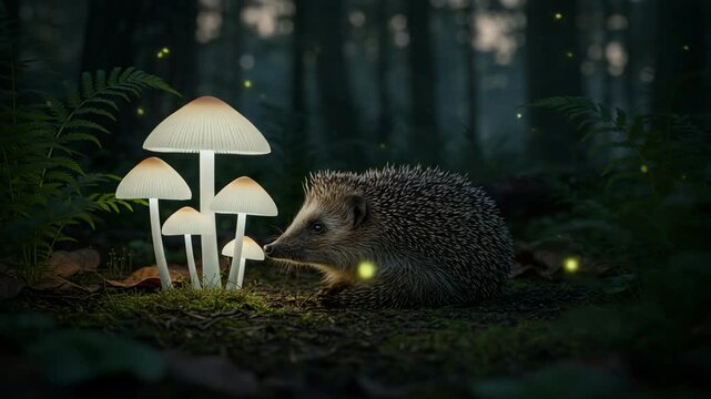A captivating glow-lit forest scene featuring a curious hedgehog exploring bioluminescent mushrooms at dusk, creating a magical nature atmosphere.