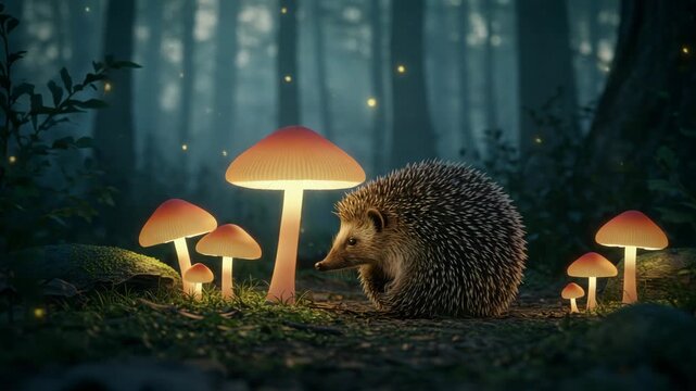 A tranquil forest scene featuring luminous mushrooms and a curious hedgehog exploring the woodland floor during a misty and enchanting night.