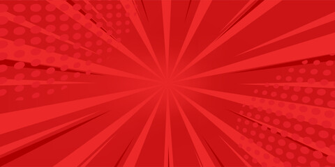 Red comic sunburst effect background with halftone. pop art comic-style vector background. Suitable for templates, sale banners, events, ads, web and pages