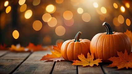 Two orange pumpkins and colorful autumn leaves displayed on rustic wooden table with festive bokeh lights, conveying a harvest time mood - Powered by Adobe