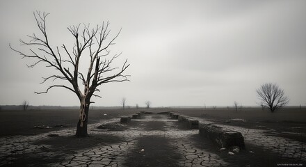 Dead Tree on Cracked Dry Earth with Ruined Structure - Post-Apocalyptic or Climate Change Concept