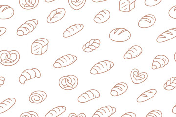 Seamless vector illustration of various bread and pastry icons including croissants, pretzels, and loaves. Perfect for bakery-themed designs, packaging, or culinary projects.