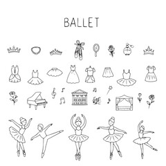 A set of ballet-themed icons featuring dancers in various poses, pointe shoes, tutus, and musical elements,