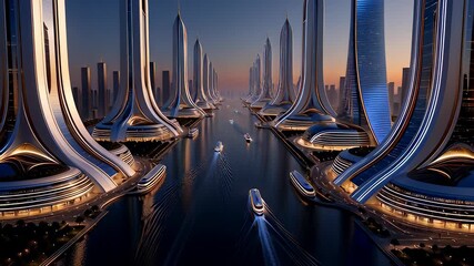 Futuristic skyscrapers towering over a canal with boats sailing through reflections in a cinematic 3D animation, visualizing advanced urban planning concepts. - Powered by Adobe