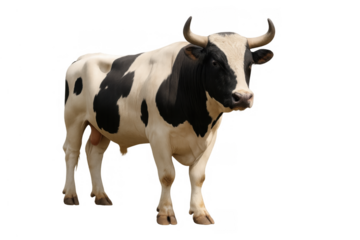 Black and white bull standing, facing camera on transparent background, livestock animal farming