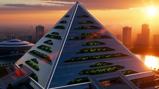 Futuristic pyramid skyscraper with green terraces reflecting in water during a golden sunset, visualized in a cinematic 3D animation for smart city concepts.