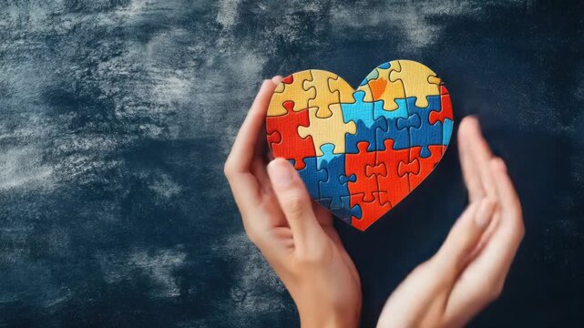 Video A person holding a heart made of puzzle pieces with a meaningful expression