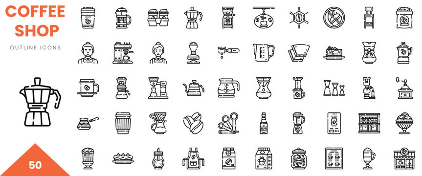 A collection of coffee shop outline icons showcasing various coffee-making tools and ingredients.