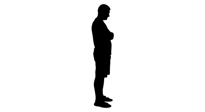 Silhouette of thoughtful man standing with arms crossed contemplating life's direction, ideal for conveying pensive moments of reflection and decision making