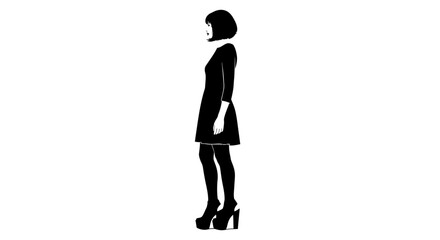 Stylish woman with bob haircut in black dress and platform heels striking a pose, a modern and elegant fashion illustration for designers and stylists