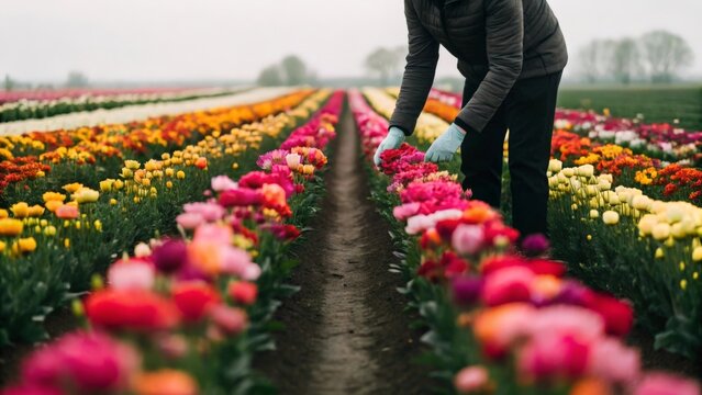 Person selecting colorful blossoms from flower rows in a field