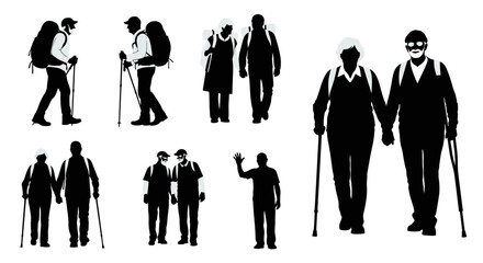 Active seniors embrace outdoor adventures together backpacking and hiking, enjoying nature's beauty and staying fit in their golden years silhouette set