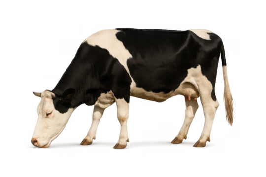 Holstein friesian cow with black and white markings, grazing and eating grass, isolated on transparent background