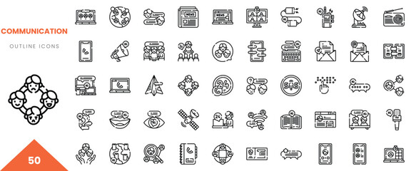 A diverse collection of outline icons representing various aspects of communication and technology.