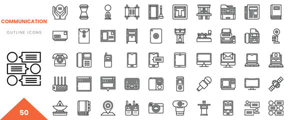 Set of 50 outline icons representing various communication devices and tools.