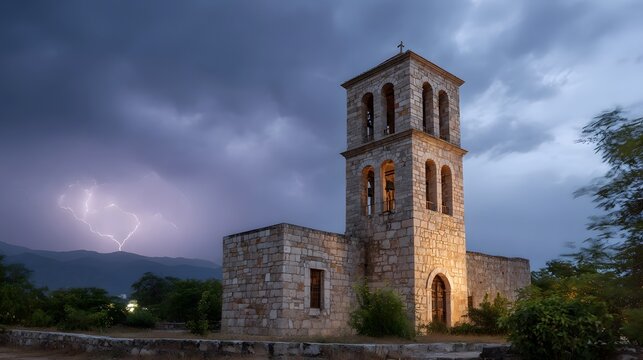 A dramatic stone church tower stands against a dark stormy twilight sky with lightning striking in the distant mountains