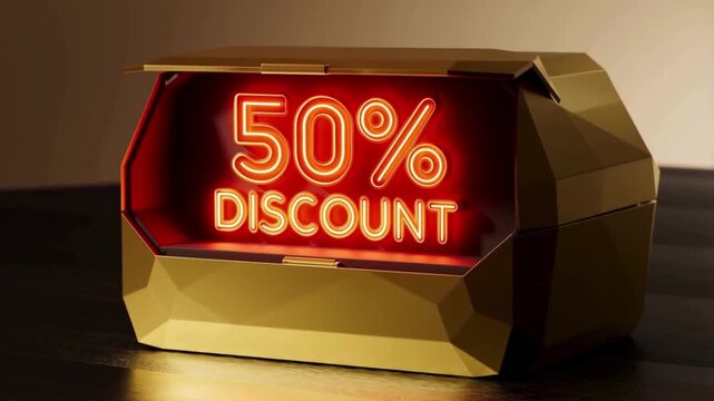 SCATOLA CHE SI APRE CON SCRITTA SCONTO 50%