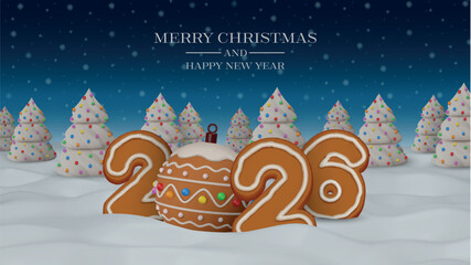 merry christmas and happy new year poster with gingerbread number 2026 and 3d gingerbread christmas ball.  2026 new year flyer
