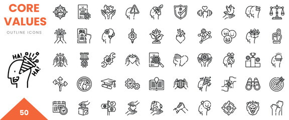 A collection of 50 outline icons representing core values in diverse themes and designs.