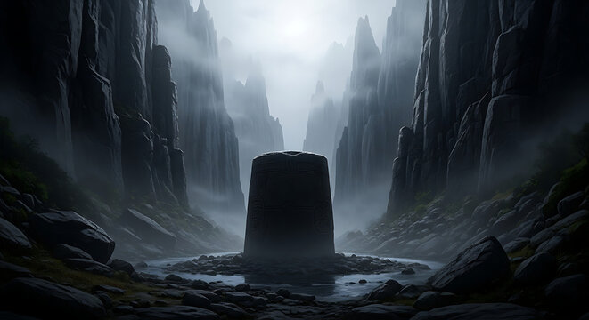Mysterious stone pillar in a dark foggy canyon