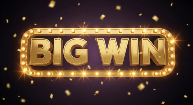 Big Win golden 3D text in retro marquee frame with glowing light bulbs. Luxury casino banner with falling confetti on dark purple background. Jackpot concept.