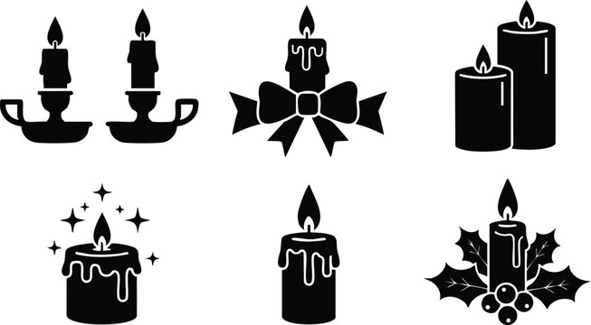 Candle silhouettes with flames and Christmas holly decoration vector set for festive holiday design