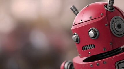 Close-up of a vintage-style red robot with expressive eyes against a blurred background of a lively setting