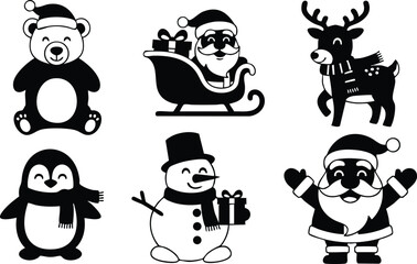 Christmas holiday icons with Santa Claus, reindeer, snowman, penguin, and bear festive vector illustrations