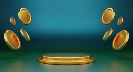 Premium golden product podium with levitating gold coins on dark teal background. Luxury display stage for lottery or finance with negative space.