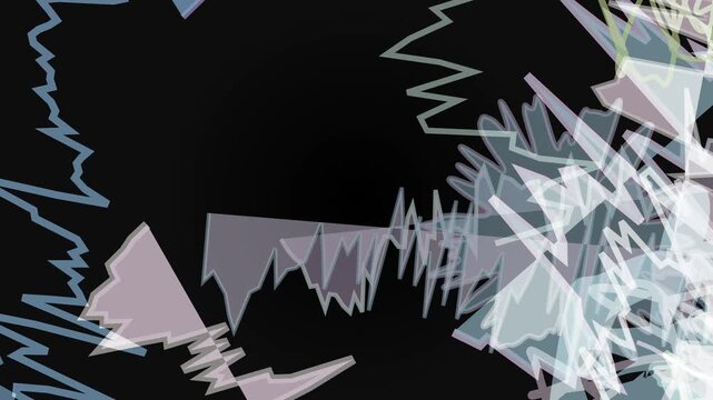 Abstract digital art featuring overlapping translucent geometric shapes and chaotic scribbles against a dark background
