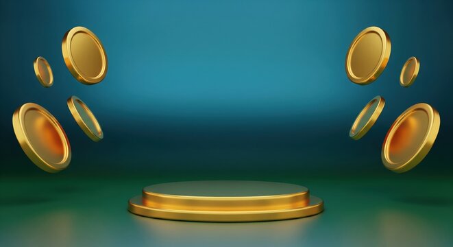 Premium golden product podium with levitating gold coins on dark teal background. Luxury display stage for lottery or finance with negative space