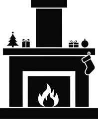 Black Silhouette of a Fireplace with Flames and Decorative Elements on White Background hearth home