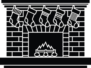 Black Silhouette of a Fireplace with Flames and Decorative Elements on White Background hearth home