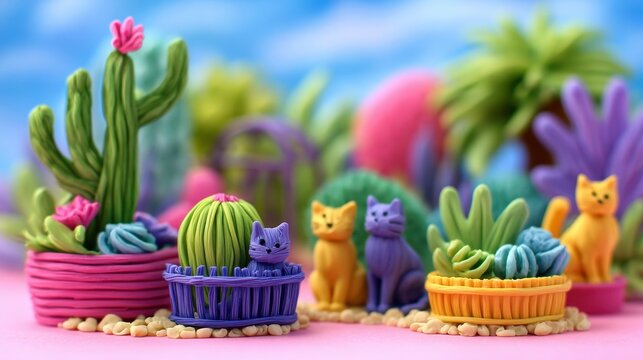 Colorful miniature scene featuring playful cats among vibrant cacti and succulents in a whimsical garden