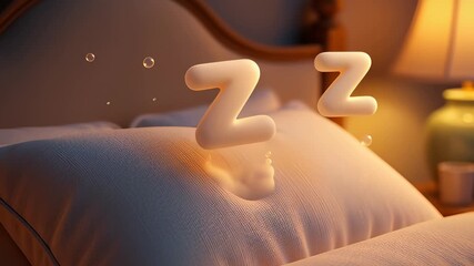Floating white Z symbols rising from a soft pillow in a cozy bedroom at night, illustrating deep sleep and snoring concepts in a cinematic 3D animation.