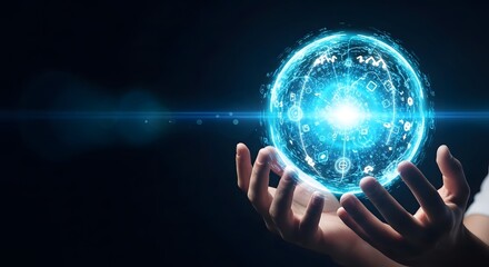 Hands holding glowing blue orb of energy and light