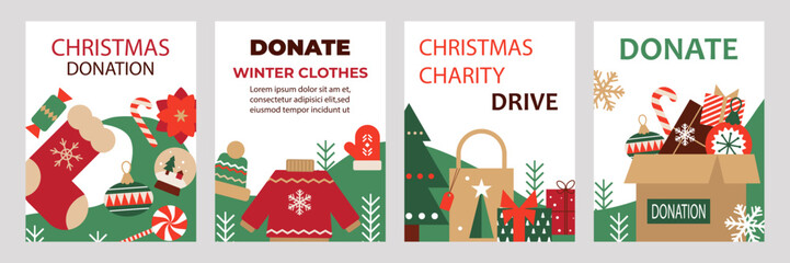 Winter warm clothing and christmas gifts donation.Charity, social care and help concept.Vector posters of Christmas donations to help those in need. Collecting warm clothes and gifts.