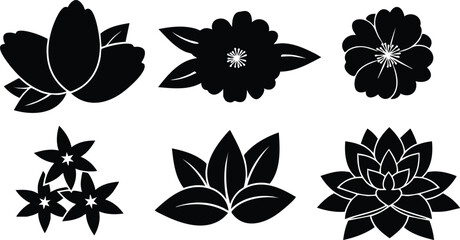 Black silhouette vector set of six assorted flower and leaf shapes for decorative design or nature themes
