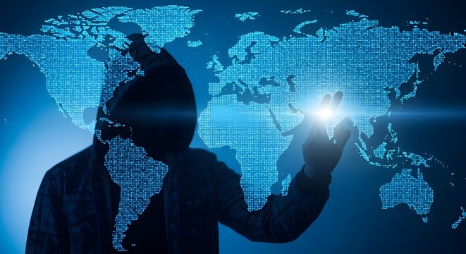 Hacker silhouette with world map background cybersecurity concept