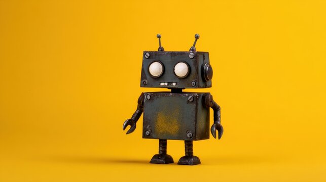 Playful vintage robot toy standing against a bright yellow background, showcasing its charming design
