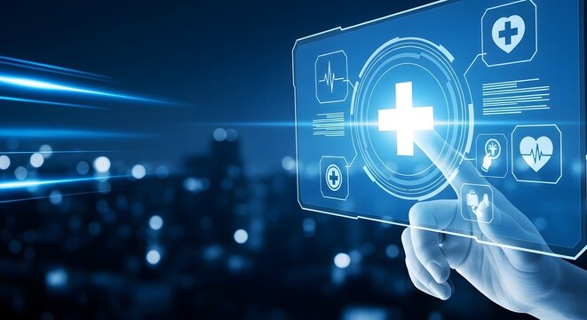 Digital healthcare interface with hand touching medical cross icon