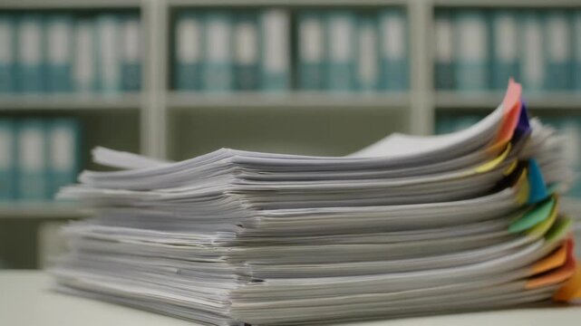 Close up view of a large stack of papers, documents, files on a desk with shelves full of organized binders in the background