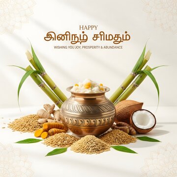 Happy pongal festival celebration with sugarcane and traditional pot