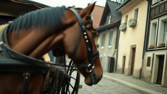 Video A horse-drawn carriage moves along a city street, with people and buildings in the background