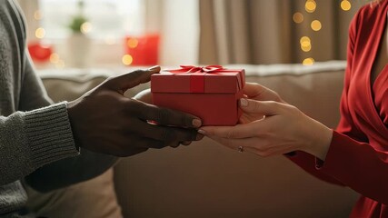 Close-up of interracial couple exchanging red gift boxes - Powered by Adobe